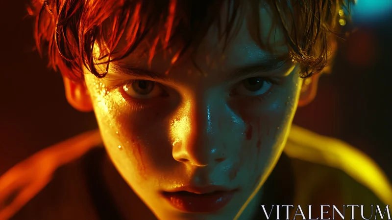 Intense young face glowing in dramatic golden light.