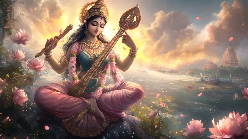 Lotus-borne goddess plucks sunlight into riverwide music