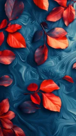 Vibrant red foliage contrasts over teal fluid-marbled background