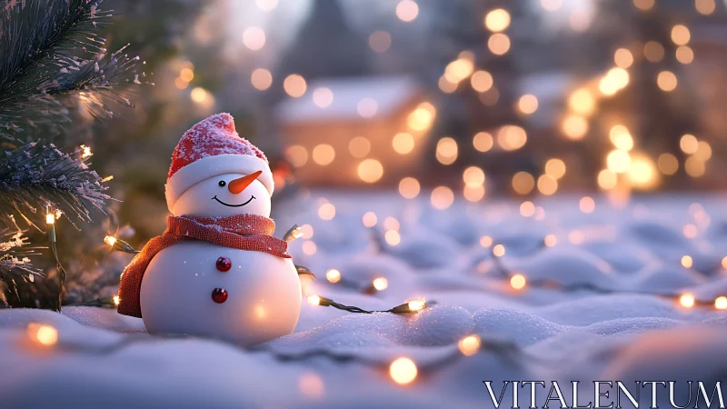 Snowman ornament amid glowing winter holiday lights.