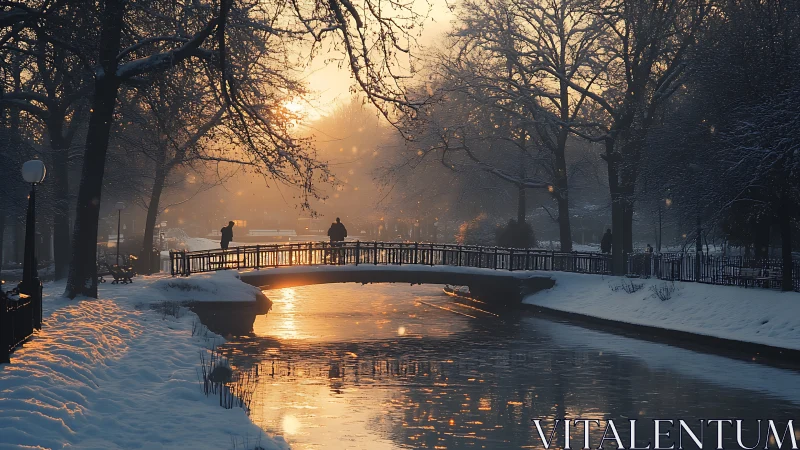 Golden winter sunrise glows over a tranquil snowy canal