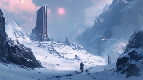 Monolithic tower in frozen exoplanet valley, concept art.