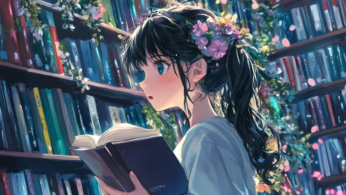 Girl reads an open book in a library with floral elements