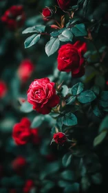 Crimson petals unfold their velvety romance against moody shadows.