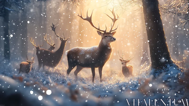 Stag herd standing in snowy forest under warm sunrise glow.