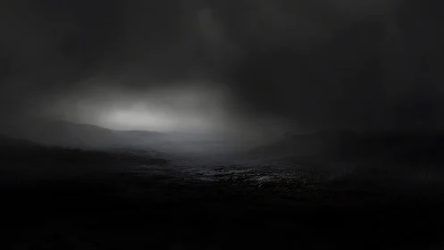 Quiet misty horizon where darkness softens into light.