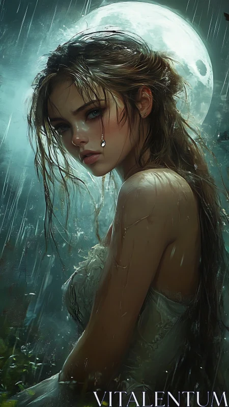 Melancholic moonlit woman in rain with hyperreal wet textures