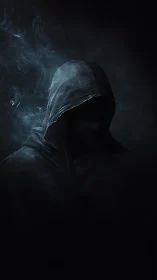 Hooded shadow figure emerges from smoke in deep darkness.