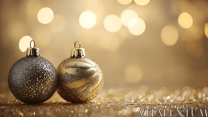 Glittering Christmas baubles glow softly in warm golden light