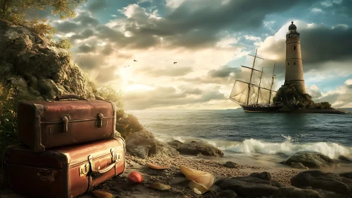 Suitcases wait on a shore where tall ship meets lighthouse.
