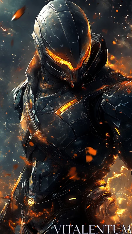Futuristic armored guardian glowing with fierce ember light.