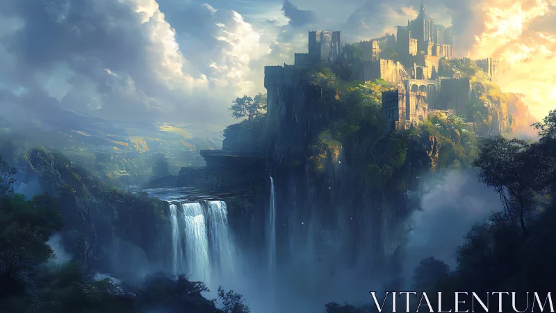 Epic fantasy citadel on misted cliffs with cascading falls.