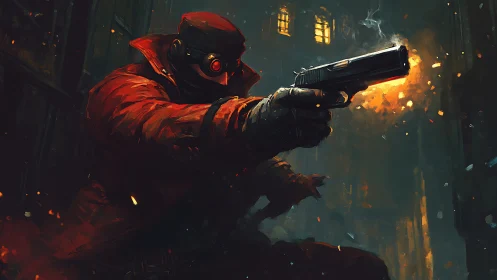 Masked gunman in red coat fires pistol in dark alleyway