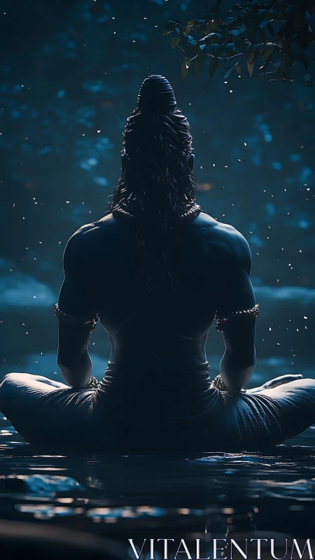 Meditative deity silhouette in nocturnal blue rim lighting.