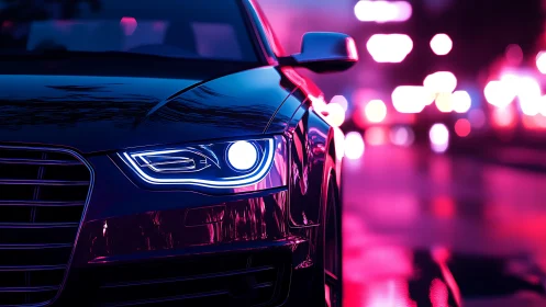 Neon city drive with sleek car and glowing night lights.