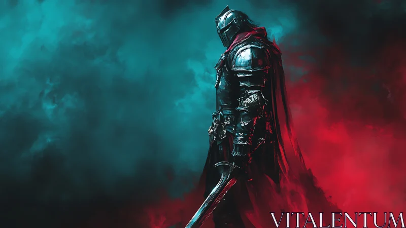 Armored dark knight in cinematic teal and red atmospheric lighting