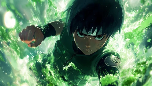 Determined anime hero bursts forward in glowing green energy.