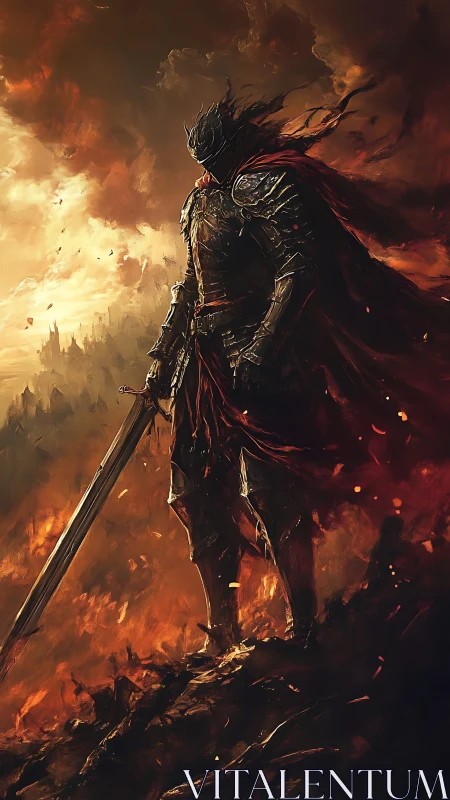 Shadow knight overlooking a burning battlefield at dusk.