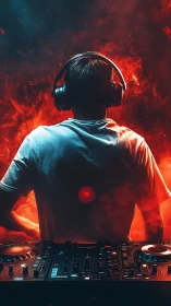 DJ silhouette at fiery mixer deck with dramatic lighting.