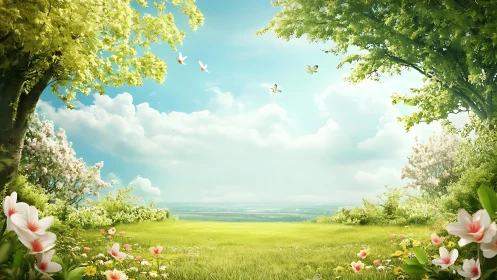 Luminous spring meadow panorama with layered floral canopy.