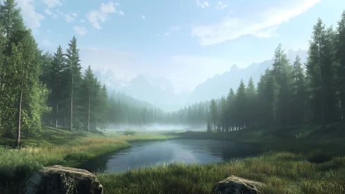 Conifer forest lake with distant mountain range in mist.