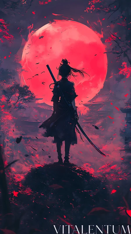Lone moonlit ronin carves silence beneath a bleeding sky