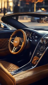 Luxury convertible interior with tan leather and chrome trim.