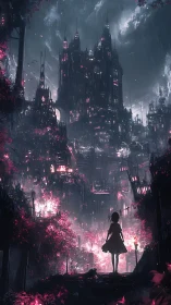 Lone silhouette confronts a neon-drenched gothic megacity at night.