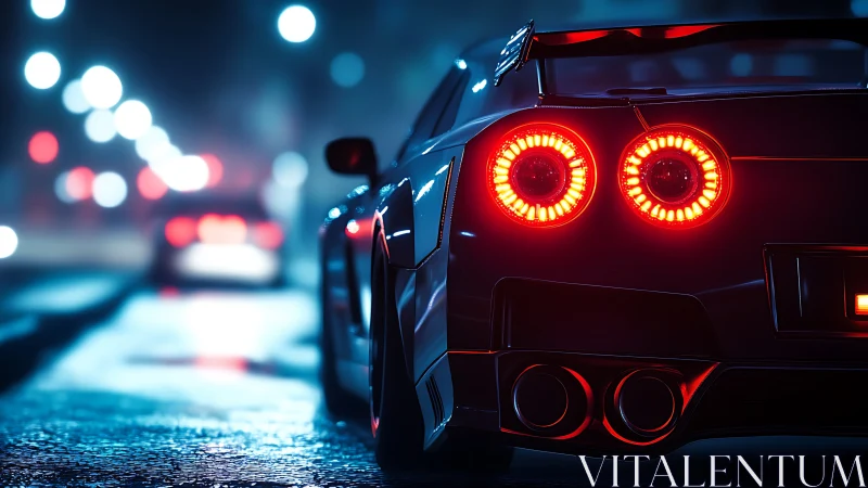 Midnight sports coupe with neon bokeh and vivid taillights.