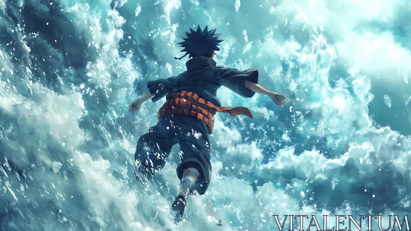 Anime boy suspended above turbulent teal ocean waves.