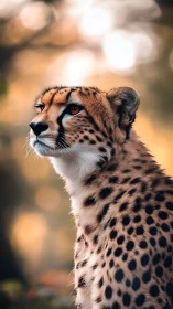 Cheetah portrait in warm backlit bokeh with sharp fur detail.