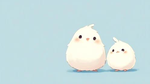 Fluffy bird friends sharing a soft, sky-blue moment together.