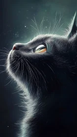 Glowing-Eyed Black Cat in Mystical Light.