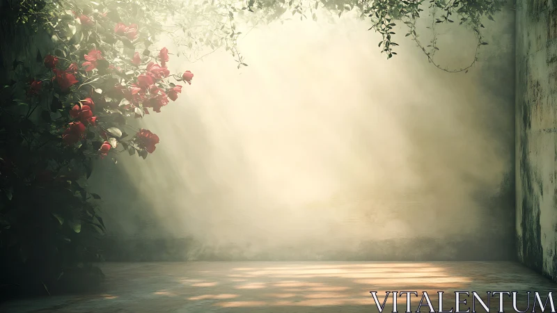 Sunlit roses in a secluded weathered courtyard corner.