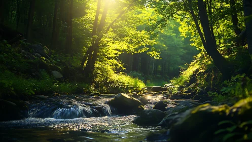 Forest Stream with Backlighting: Cascading Water Through Dense Deciduous Canopy.