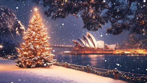 Snow-kissed Sydney tree hums carols beside glowing sails