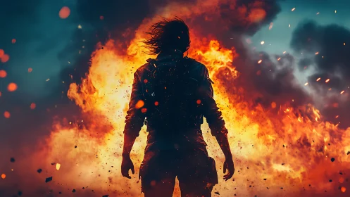 Silhouetted figure engulfed in dynamic pyrotechnic combustion effects