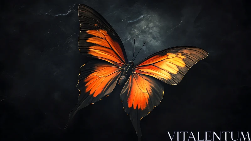 Orange-black butterfly with glowing wings on dark background.