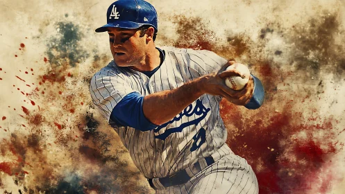 Dynamic baseball batter in motion with painterly splatter field.