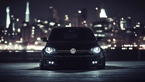 Noir automotive portrait with bokeh skyline composition.