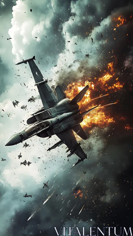 Military jet dives through midair explosion and dense debris field