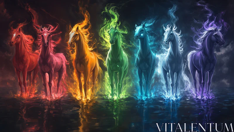 Elemental spectral horses blaze across a mirrored twilight sea.