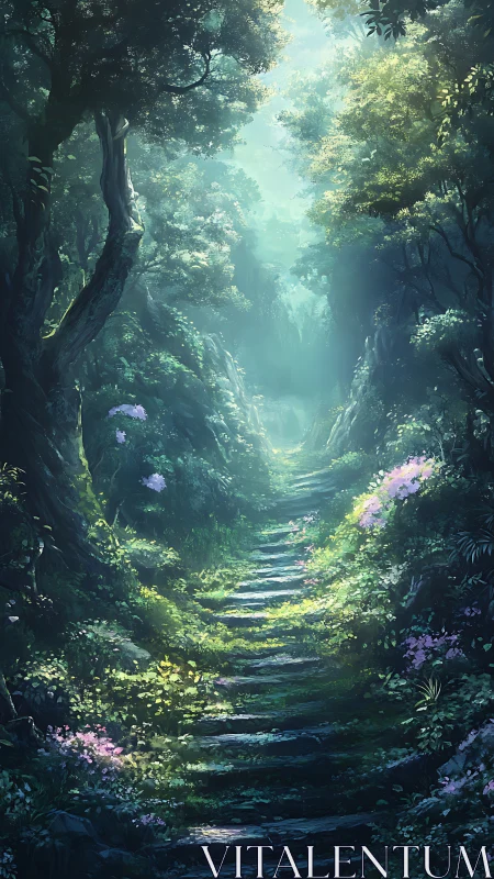 Enchanted Forest Path Through Mystical Green Light.