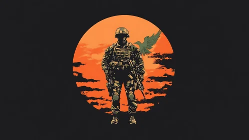 Armored soldier silhouettes against burning orange sun