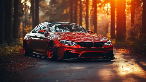 Red BMW sports coupe on forest road at warm sunset light.