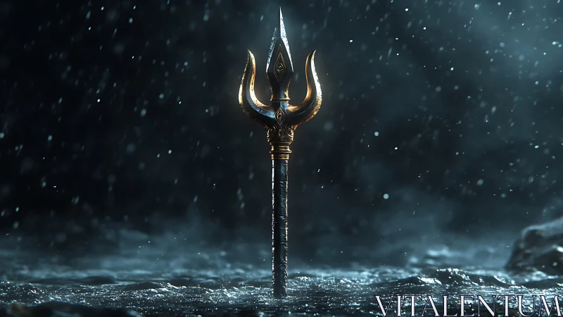 Golden trident staff standing in rain over dark water.