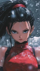 Snowlit warrior gaze in crimson storm-silk resolve.