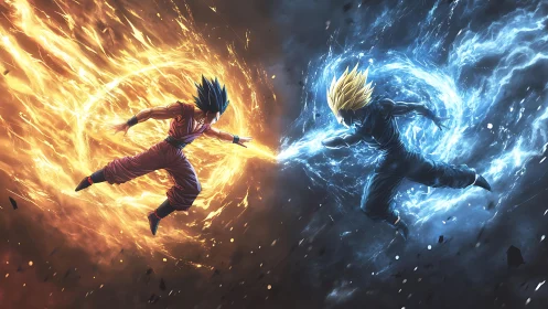 Fiery blue warrior clashing with electric rival in midair.