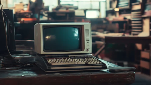 Retro desktop computer sits idle on cluttered workshop desk
