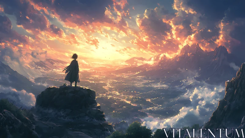 Wanderer greeting a glowing valley beneath sunrise skies.